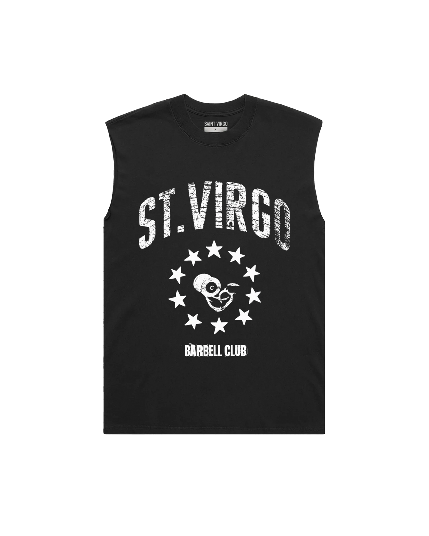 Saint Virgo Barbell Club Cut Off Tank, engineered for the gym enthusiast, blending contemporary sportswear and ready-to-wear luxury sportswear to offer athletic essentialism for those redefining sportswear in strength training.