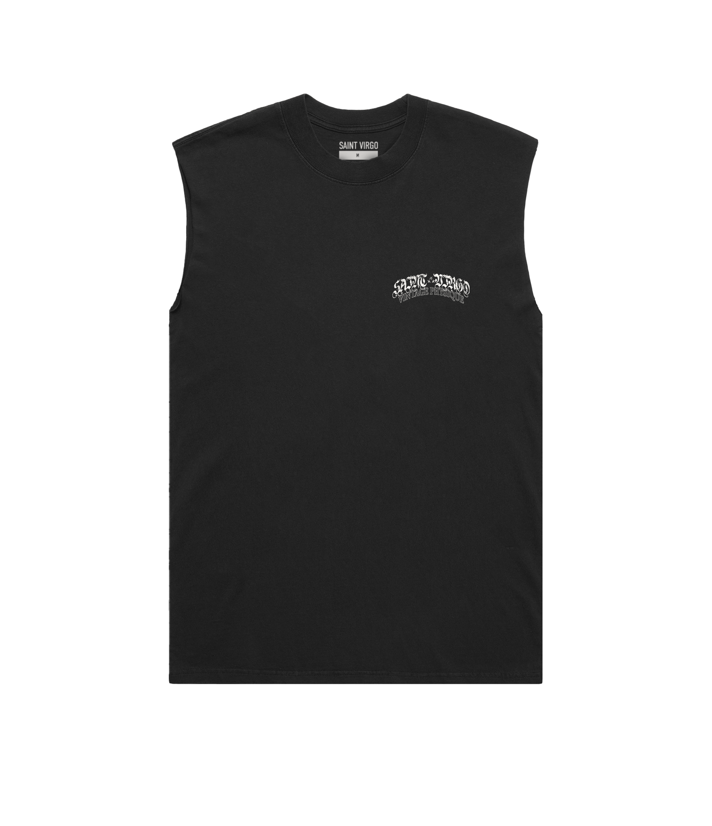 Saint Virgo Vintage Physique Cut Off Tank, blending nostalgic design with modern luxury sportswear. Crafted for those who embrace athletic essentialism, redefining sportswear with a vintage-inspired look for active lifestyles.