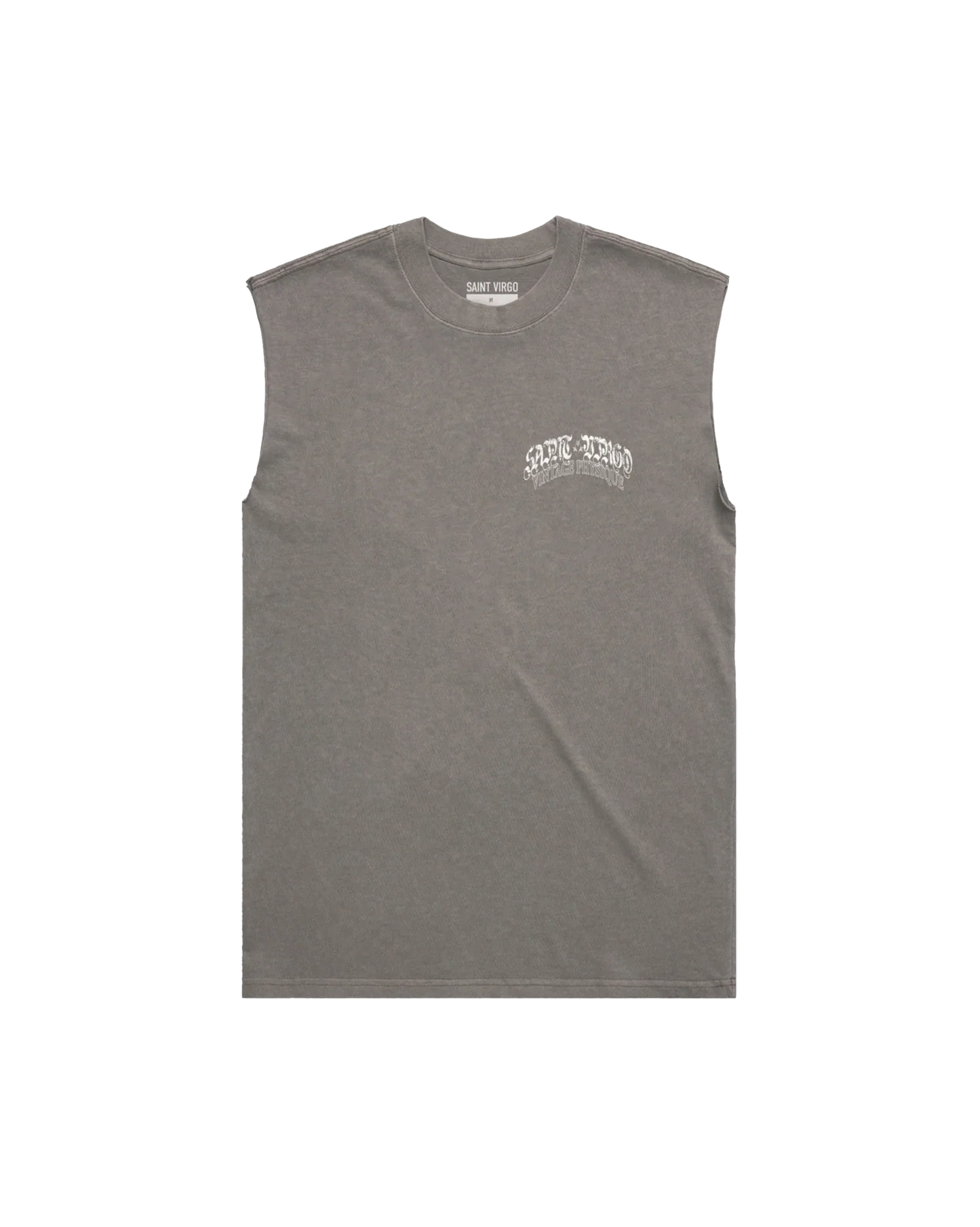 Saint Virgo Vintage Physique Cut Off Tank, blending nostalgic design with modern luxury sportswear. Crafted for those who embrace athletic essentialism, redefining sportswear with a vintage-inspired look for active lifestyles.