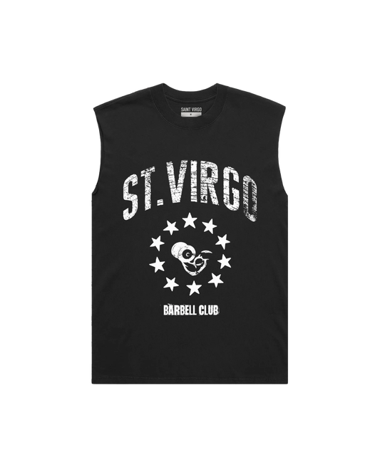 Saint Virgo Barbell Club Cut Off Tank, engineered for the gym enthusiast, blending contemporary sportswear and ready-to-wear luxury sportswear to offer athletic essentialism for those redefining sportswear in strength training.