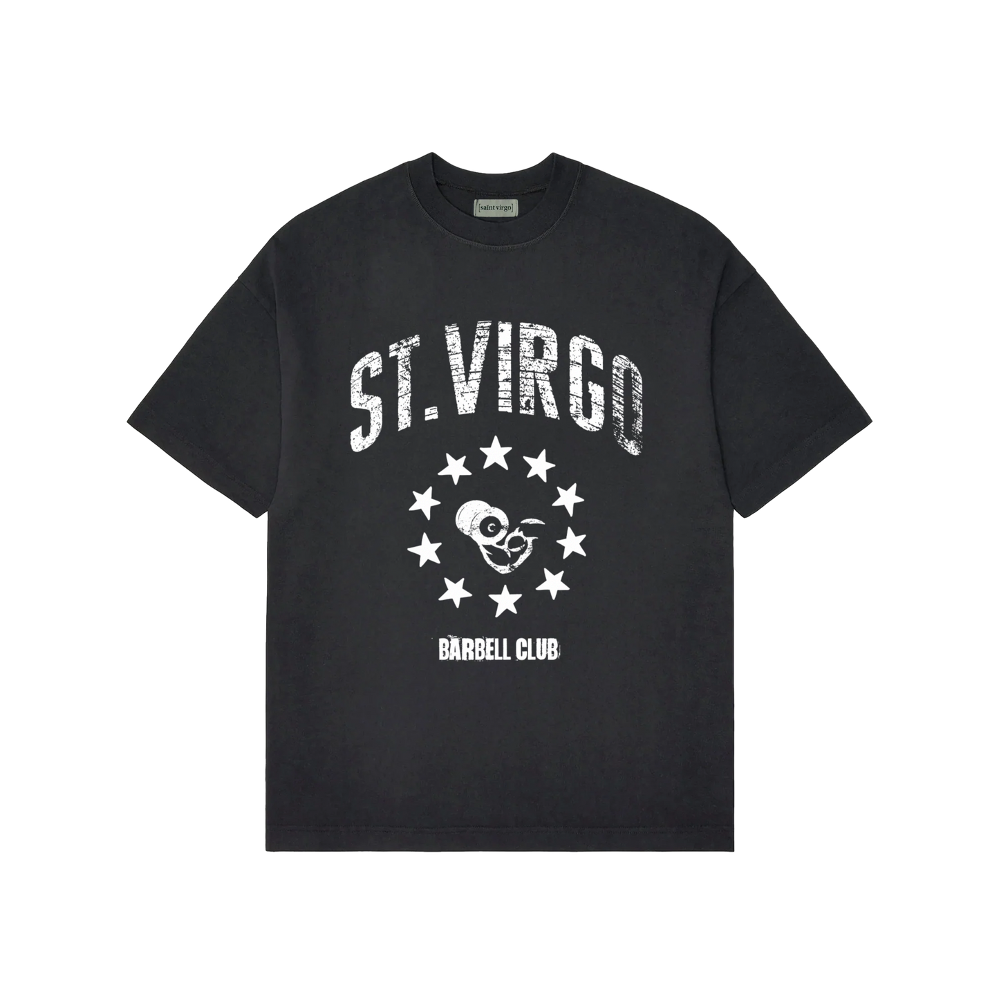 Saint Virgo Barbell Club T-shirt, engineered for the gym enthusiast, blending contemporary sportswear and ready-to-wear luxury sportswear to offer athletic essentialism for those redefining sportswear in strength training.