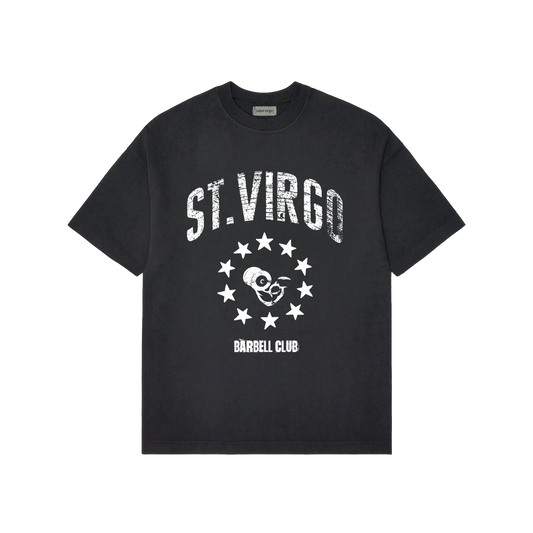 Saint Virgo Barbell Club T-shirt, engineered for the gym enthusiast, blending contemporary sportswear and ready-to-wear luxury sportswear to offer athletic essentialism for those redefining sportswear in strength training.