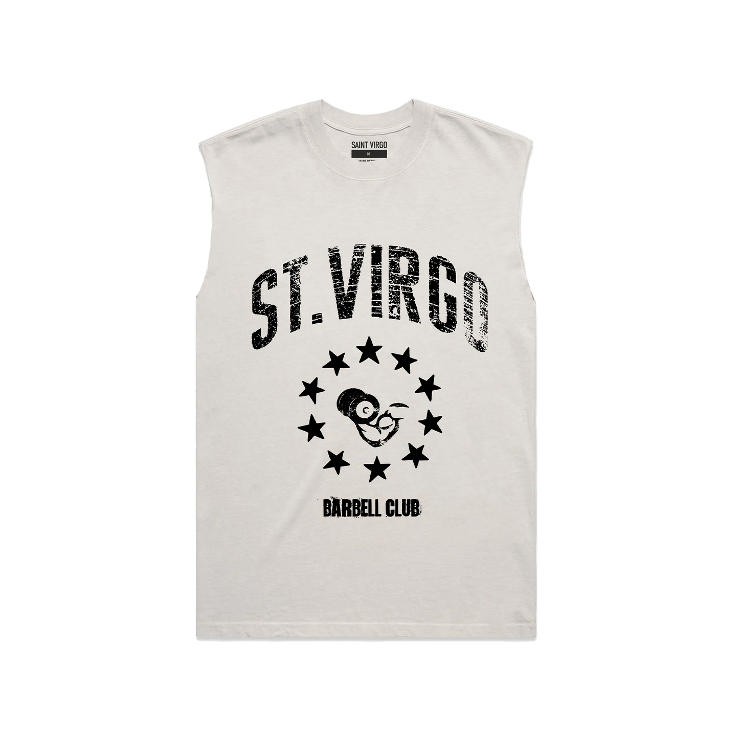 Saint Virgo Barbell Club Cut Off Tank, engineered for the gym enthusiast, blending contemporary sportswear and ready-to-wear luxury sportswear to offer athletic essentialism for those redefining sportswear in strength training.