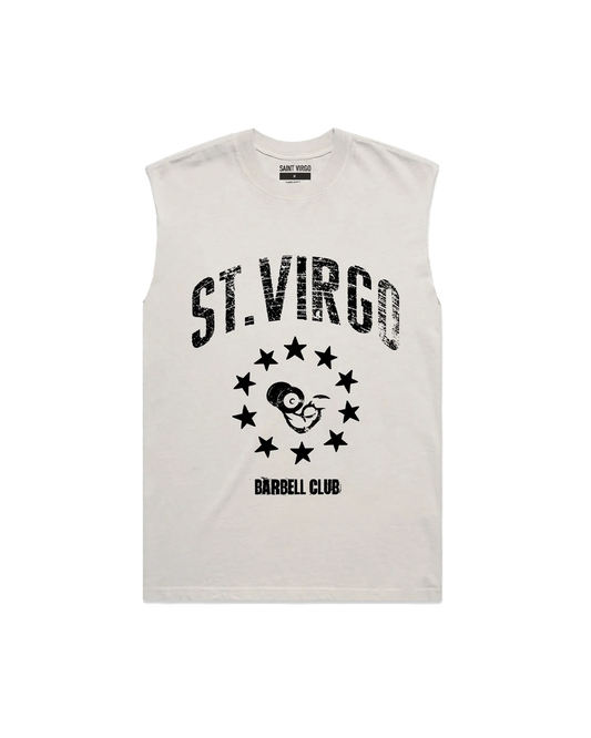 Saint Virgo Barbell Club Cut Off Tank, engineered for the gym enthusiast, blending contemporary sportswear and ready-to-wear luxury sportswear to offer athletic essentialism for those redefining sportswear in strength training.