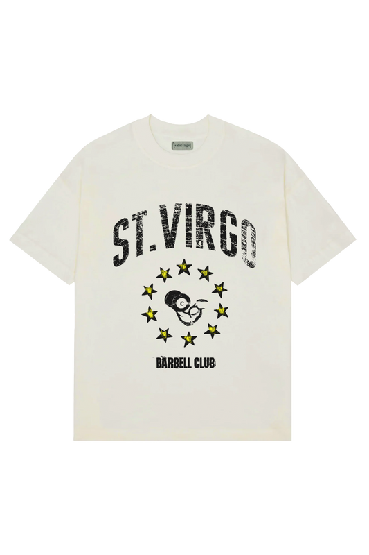 Saint Virgo Barbell Club T-shirt, engineered for the gym enthusiast, blending contemporary sportswear and ready-to-wear luxury sportswear to offer athletic essentialism for those redefining sportswear in strength training.