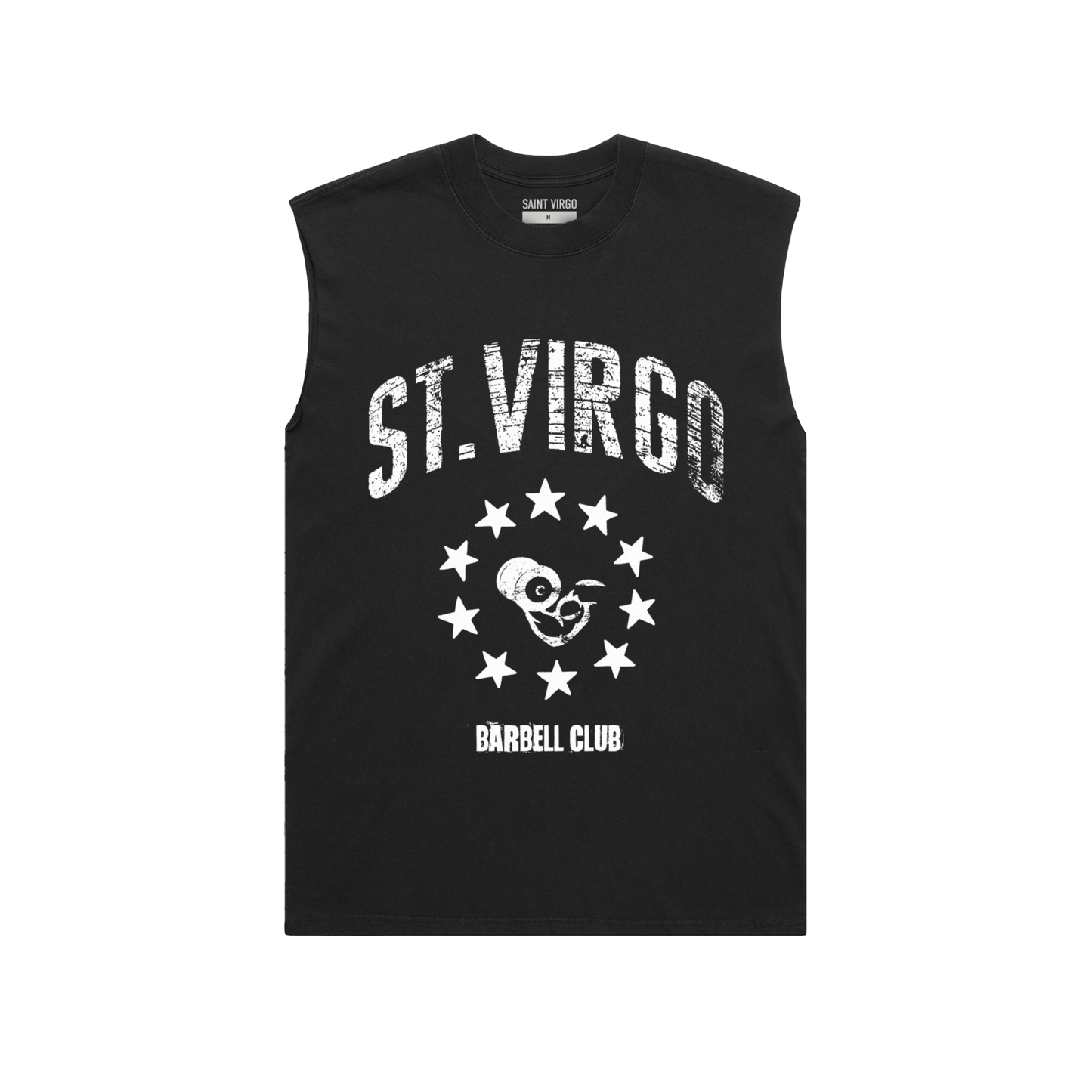 Saint Virgo Barbell Club Cut Off Tank, engineered for the gym enthusiast, blending contemporary sportswear and ready-to-wear luxury sportswear to offer athletic essentialism for those redefining sportswear in strength training.